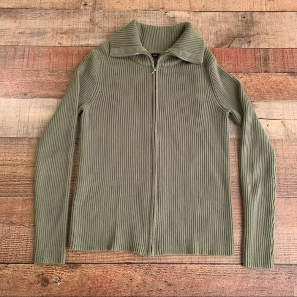 Grace Elements ribbed knit full zip up green sweater with oversized collar - M